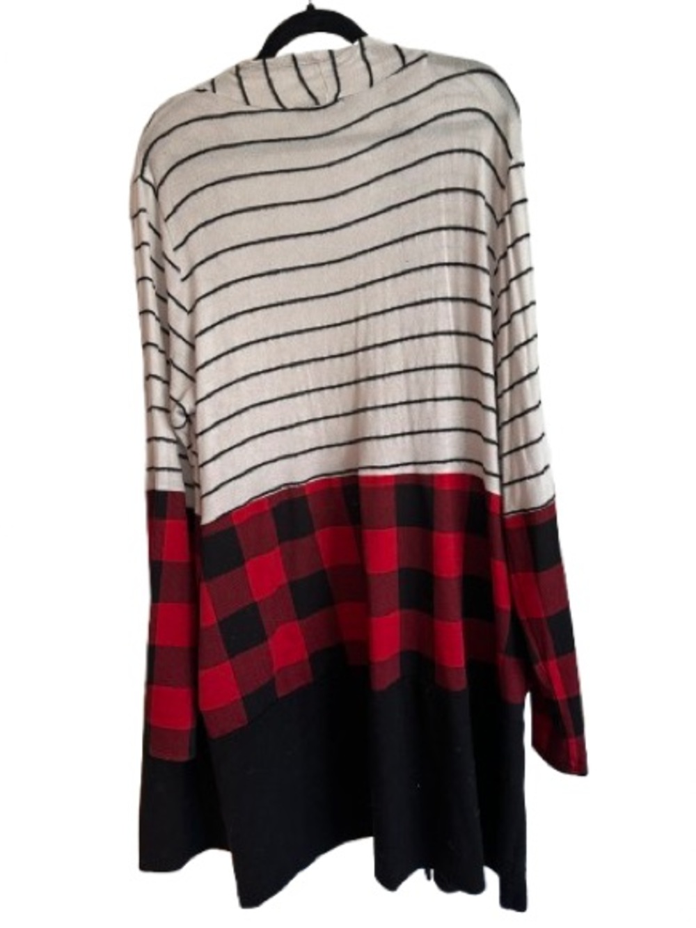Striped & Buffalo Plaid Open Cardigan - Cream, Red, Black - Picture 5 of 6